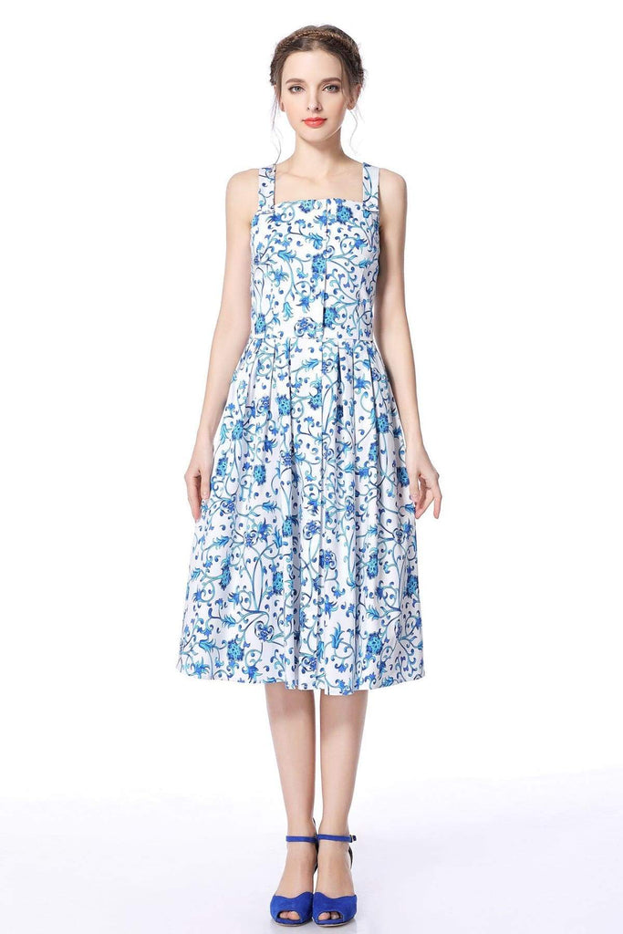 Blue and Beautiful Porcelain Strap Dress with Pockets