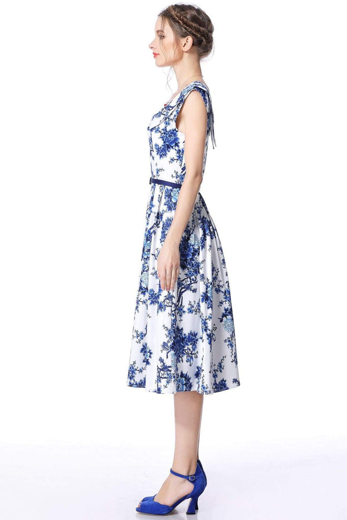 Blue & White Porcelain Cross Neck Vintage Swing Dress