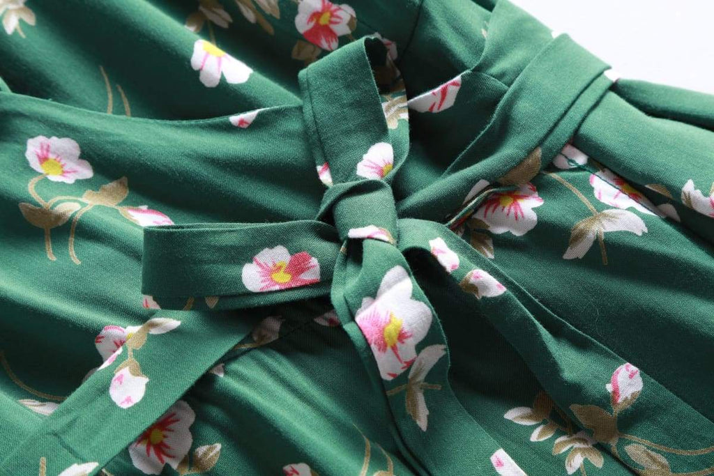 Green Shawl Collared Wrap Dress with Pink and White Petunia Flowers and Pockets
