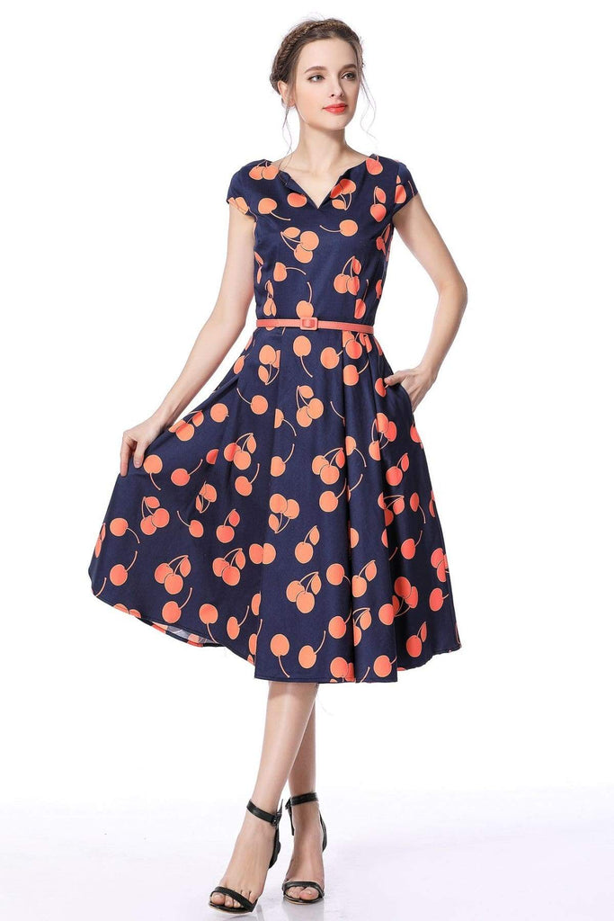 Navy Orange Cherry V Neck Vintage Swing Dress