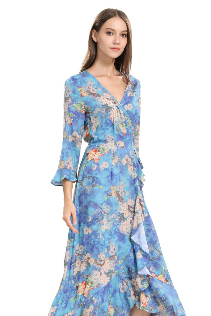 Ocean Blue Cherry Blossom Maxi Wrap Dress
