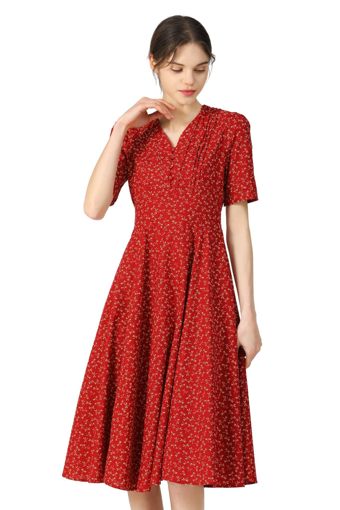 Red with Yellow Dragon Fly V Neck Button Up Cinched Waistline A Line Short Sleeve Cotton Dress with Pockets