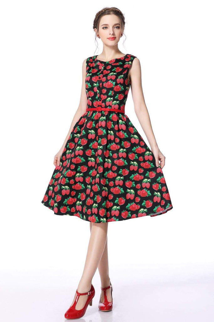 Strawberry Buttoned Boat Neck Vintage Swing Dress