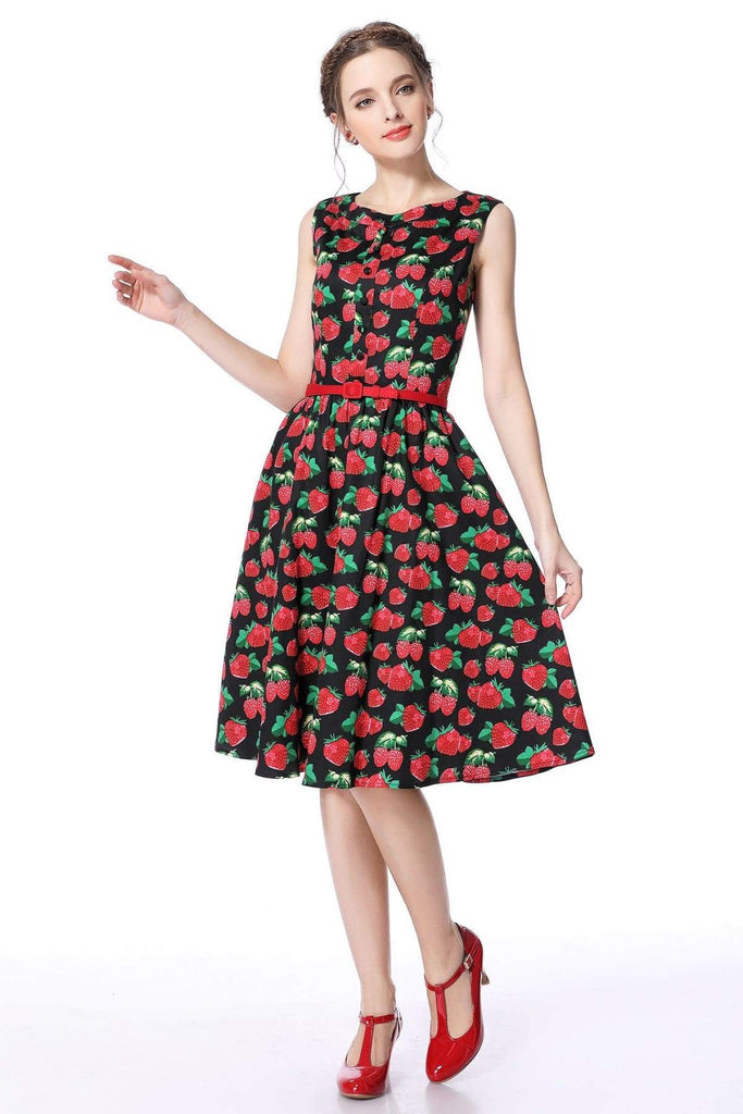 Strawberry Buttoned Boat Neck Vintage Swing Dress