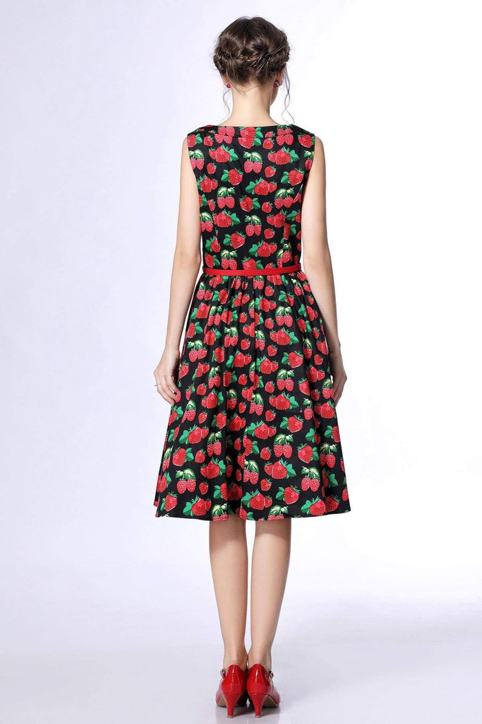 Strawberry Buttoned Boat Neck Vintage Swing Dress